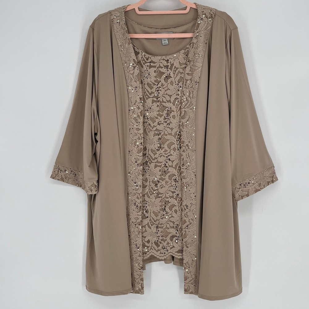 Catherines 2-Piece Lace‎ Sequin Tank & Open Front Cardigan Set Beige 24W Plus